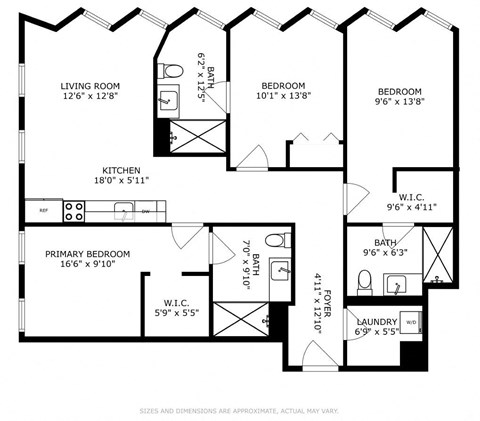 Floor plan for 3 beds, 3 baths, 1219 sqft